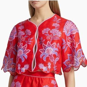 Farm Rio Medium Porcelain Garden Linen Blouse Top Cropped Scallop Floral Flirty